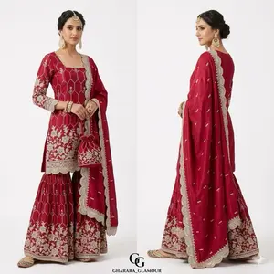 Indian Mirror Work Sharara - Red Traditional Dress with Intricate Embroidery & Matching Accessories Women's Casual Summer Wear