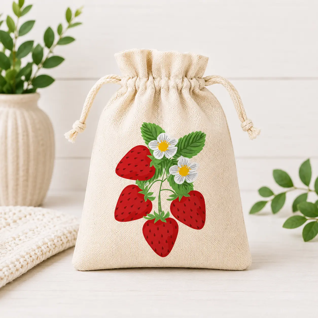 Strawberry Blossom Mini Drawstring Bag