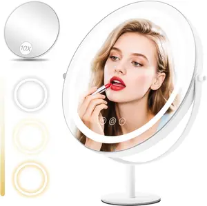 13-Inch Modern Metal Lighted Vanity Mirror with Stand, 1x/10x Magnification, 3 Color Modes, Adjustable Brightness, Smart Touch Control, Large Round Bathroom Home Supply
