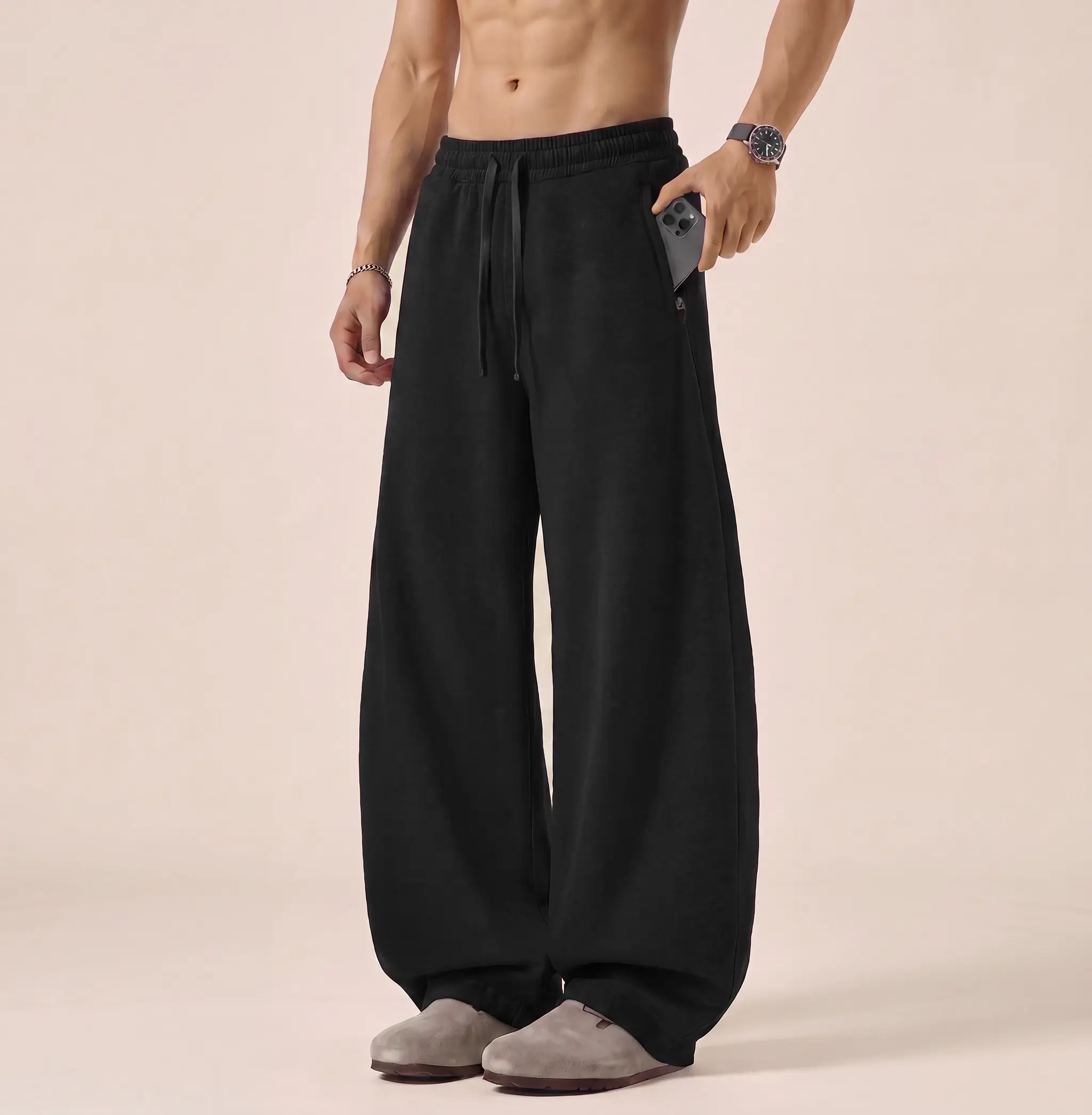 COOLGYM Men's Oversized Barrel Sweatpants, Wide-Leg Streetwear Style in Wrinkle-Free Cotton Blend with Zipper Pockets for Gym & Skating, Wide-Leg Pants