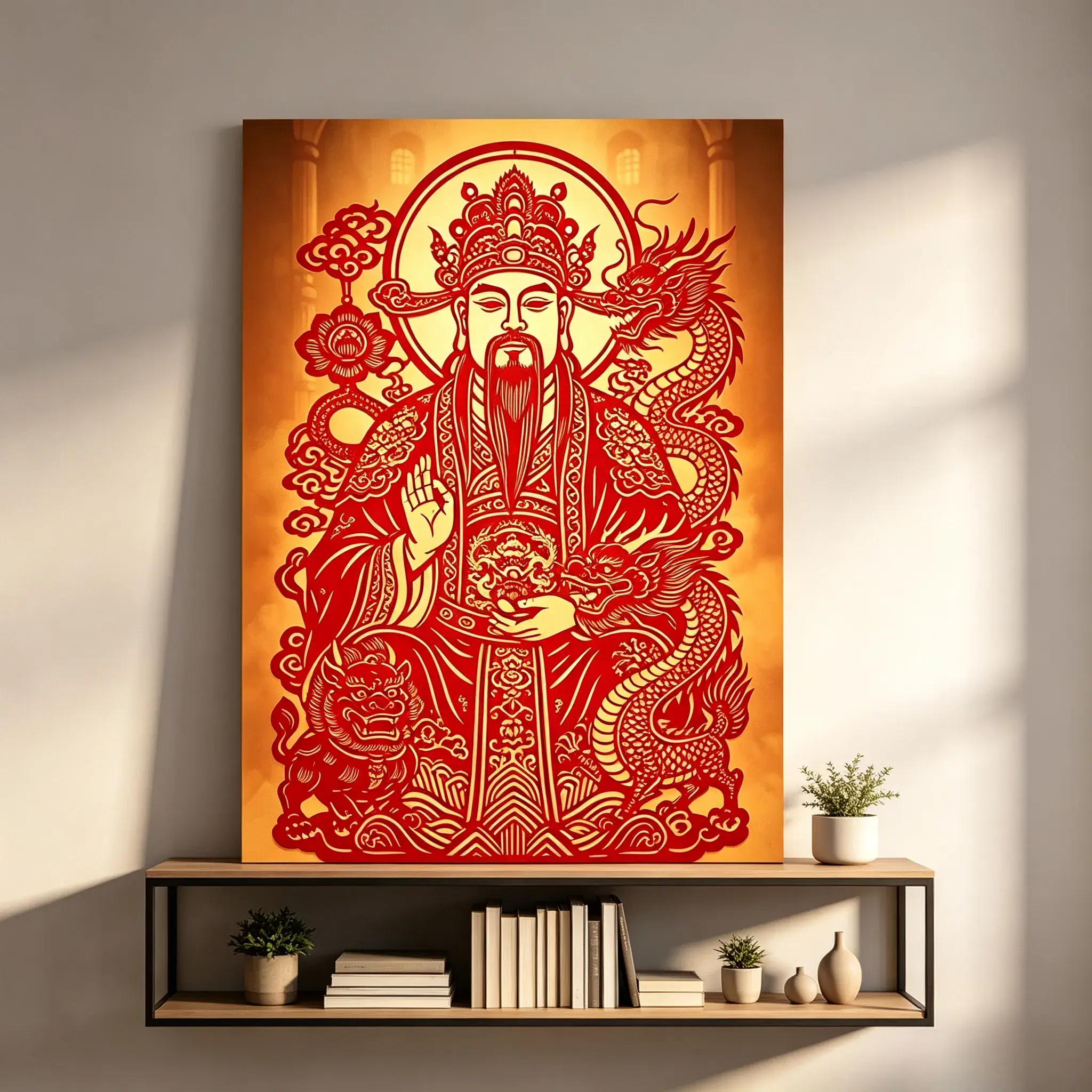 God Of Wealth Canvas Wall Art, Chinese Cai Shen Traditional Paper Cut Style Dragon Lion Auspicious Red Gold Print, Lucky Fortune Oriental Decor Home Entrance Business Store Gift