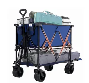 Folding Double Wagon  Wagon with Brakes, 54" Extra Long Extended Cart, Equipped with 7" All-Terrain Big Wheels for Camping, Sports，Blue