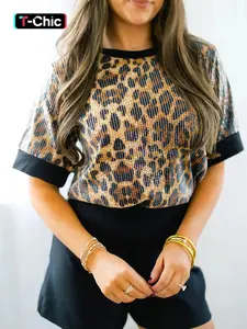Hotapei Summer Fashion Sequined Leopard Print Short Sleeve Fitted Top, Round Neck Casual Everyday Blouse for Women, Stylish and Comfortable