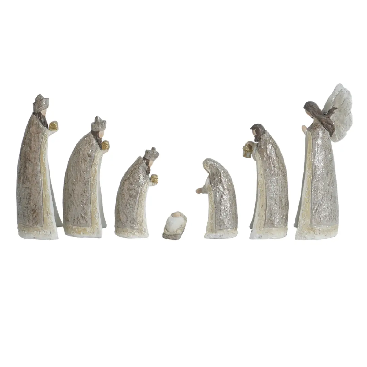 212 MAIN 7-Piece 6 in. Beige & Gold Resin Nativity Figure Set - Traditional Religious Christmas Tabletop Home Decor with Pyramid, Festive Resin Figures Christmas Decorations