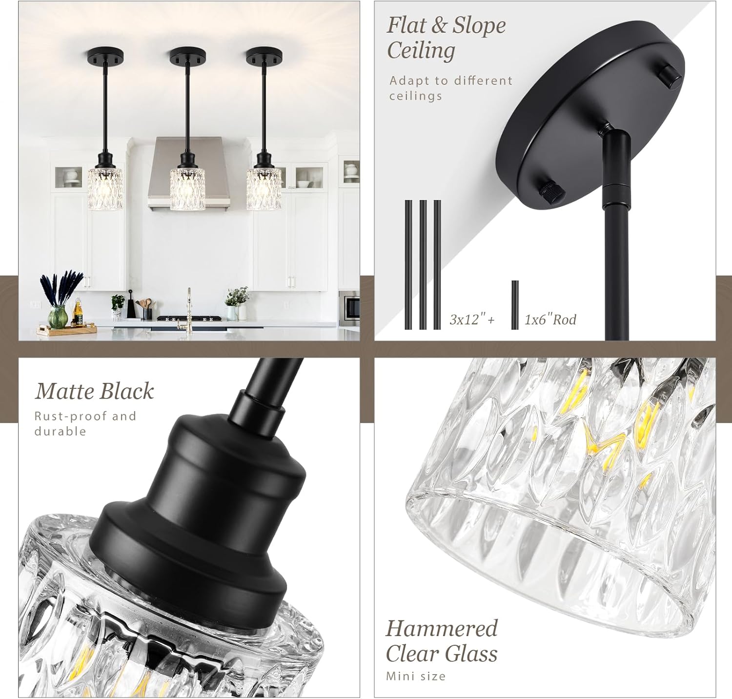 Glass Pendant Lights Kitchen Island, 1-Light Modern Black Mini Pendant with Drum Glass & Rods, Mini Hanging Light for Kitchen Sink Dining Room Bathroom