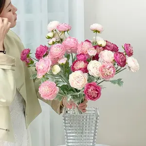 Artificial Silk Peony Bouquet, Rose Silk Flower Arrangement, Artificial Flower Arrangements, 8 Pieces 24 Heads, Home Table Kitchen Wedding Party Decor, Artificial Flower Decorations