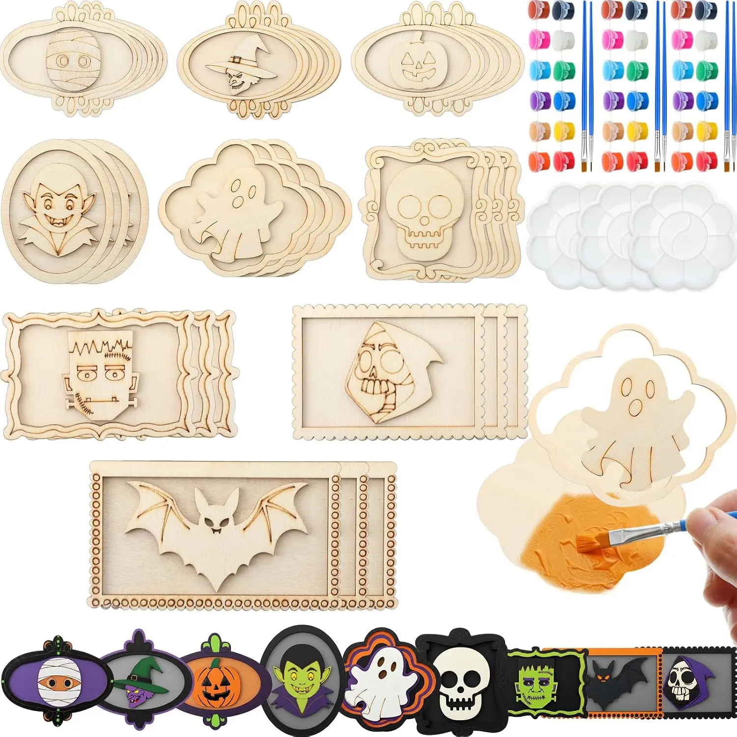 12/18/24/27 Set Halloween Painting Kit Bulk Wood Ghost DIY Frames with Paint and Brush Craft Kits Unfinished Wood Craft for Adults Teens StudentStaff Seasonal Wall Decor and Halloween Gift for Class Craft Halloween Craft Art Party Supplies