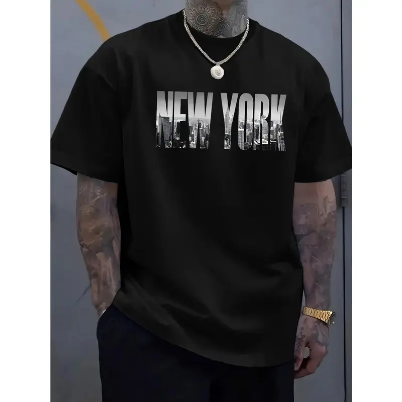 Cotton Short Sleeve  T-Shirt Casual Polyester Short Sleeve Graphic Tee - Men's Classic New York City T-Shirt - Distressed Letter Print, Round Neck, Summer Essential