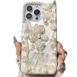 Handmade Phone Case Elegant Protective Feather Flower Butterfly Pearl Soft Tpu Cover for iPhone 17 16 15 14 13 12 11 Pro Max