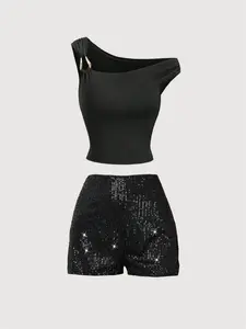 Women's Fashion Sequin Shorts Set, Asymmetrical Shoulder Top Design, Perfect for Nightclubs, Festive Parties, Proms, Music Festivals, Valentine's Day