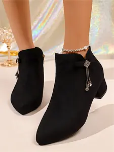 Water diamond tassel bow thick heel short boots for women, matte suede pointed side zipper bare boots, versatile for autumn and winter, low heel and ankle boots, black commuting short boots
