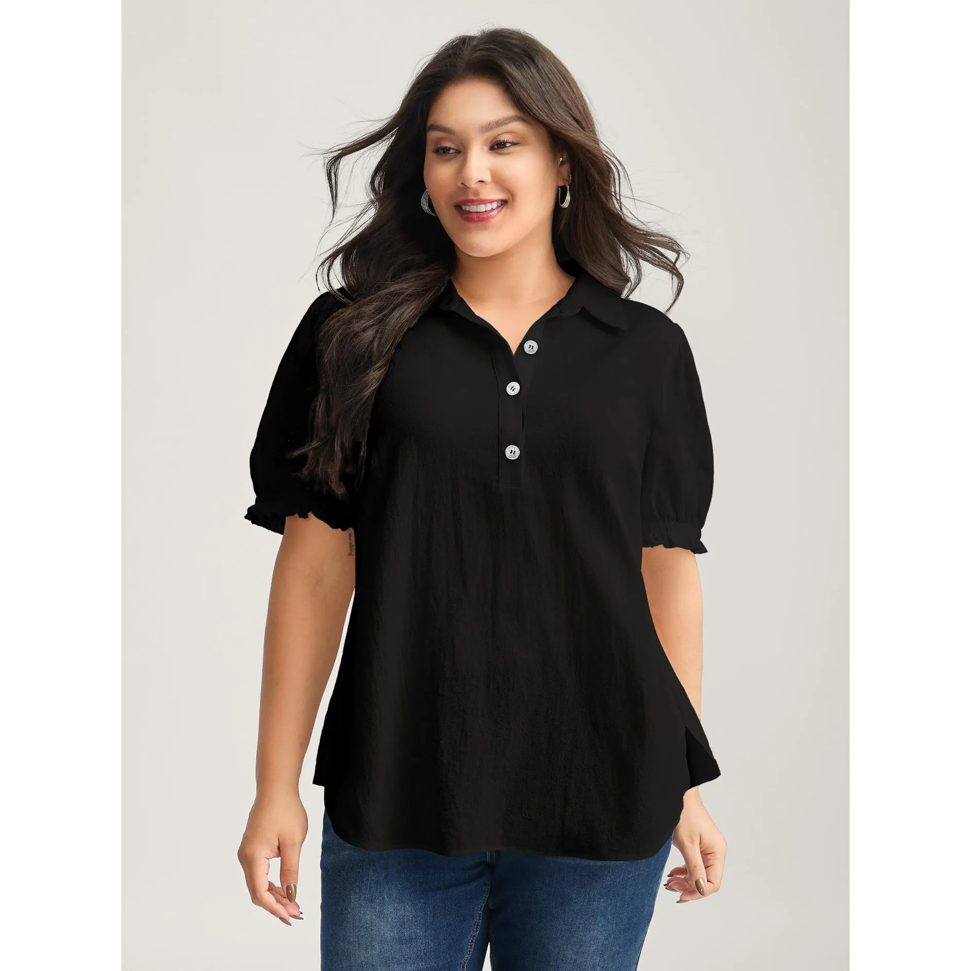 BloomChic Women's Plus Size Blouse, Solid Ruffled Lantern Sleeve Cotton Top, A Comfy Casual Wardrobe Staple for Office OOTD, Shirt, Breathable, Plus Size Tops, Wardrobe Staples, Fabric, Business Casual Tops