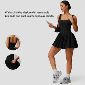 Athletic Dress for Women Bubble Hem Tennis Dress with Pockets U Neck Sleeveless Dress with Built in Shorts,Suitable for Tennis, Cycling, Hiking