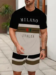 Men's fashionable casual sportswear set: 3D letter print crew neck T-shirt and drawstring shorts set. Comfortable, versatile, and suitable for outdoor activities. Sportswear All Seasons