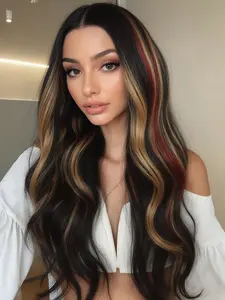 Highlight Red Skunk Stripe Blonde Synthetic Lace Front Wig Lace Frontal Wig Glueless Long Wavy Colored Mixed Red Black 13x4 Lace Front Wigs for Women Pre Plucked with Baby Hair 28 Inches