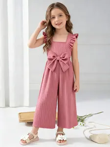 Toddler Girls 2026 Summer New Arrival Jumpsuit, Ruffle Sleeve Square Neck Backless Bowknot Wide Leg Romper, Textured Fabric Sweet Casual Outfit, for 2-6 Years Old Girls, Daily/Party/Vacation