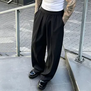 Menswear Pleated Wide-Leg Dress Trouser - Single Pack, Elastic Waistband, Plain Solid Color, Loose Street-Style Slacks, Suitable for Casual Fashion Outfits