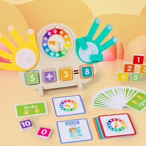 Wooden clock + finger arithmetic two-in-one toy, wooden educational toy, learn math by using fingers, recognize the time by looking at pictures, comes with 23 math cards and 18 clock cards, perfect and cute gift for Christmas, Halloween, Thanksgiving