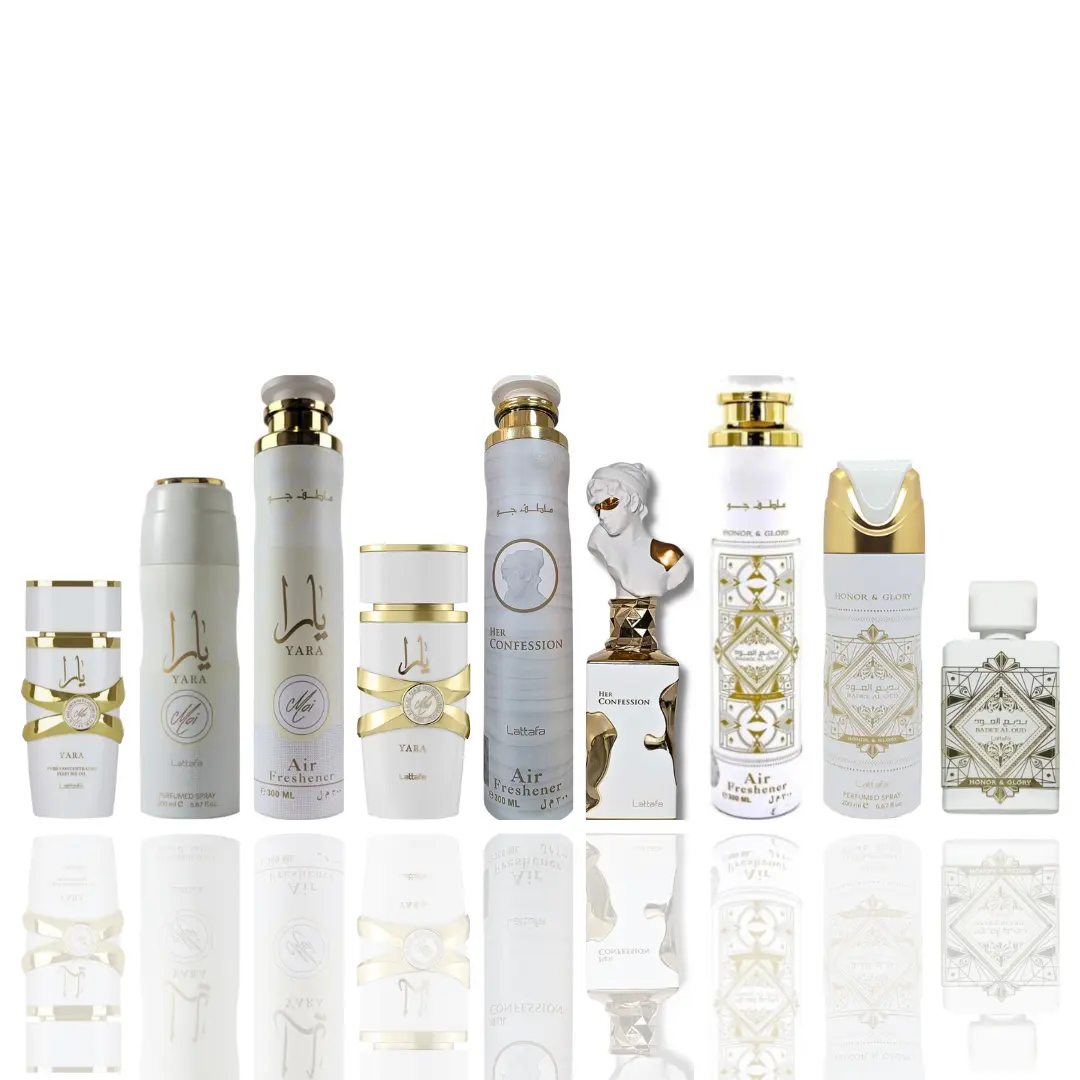 Yara moi 20ml + Yara moi deodorant + Yara moi air freshener + Yara moi + her confession air freshener + her confession + Badee al our honor and glory air freshener + Badee al our honor and glory deodorant + Badee al our honor and glory — 9 piece bundle, V