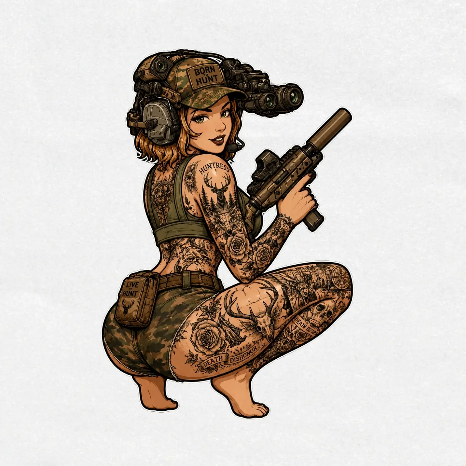 Tattooed Huntress Vinyl Sticker, Hunting Girl, Camo Pin Up, Born to Hunt, Waterproof Die Cut Decal