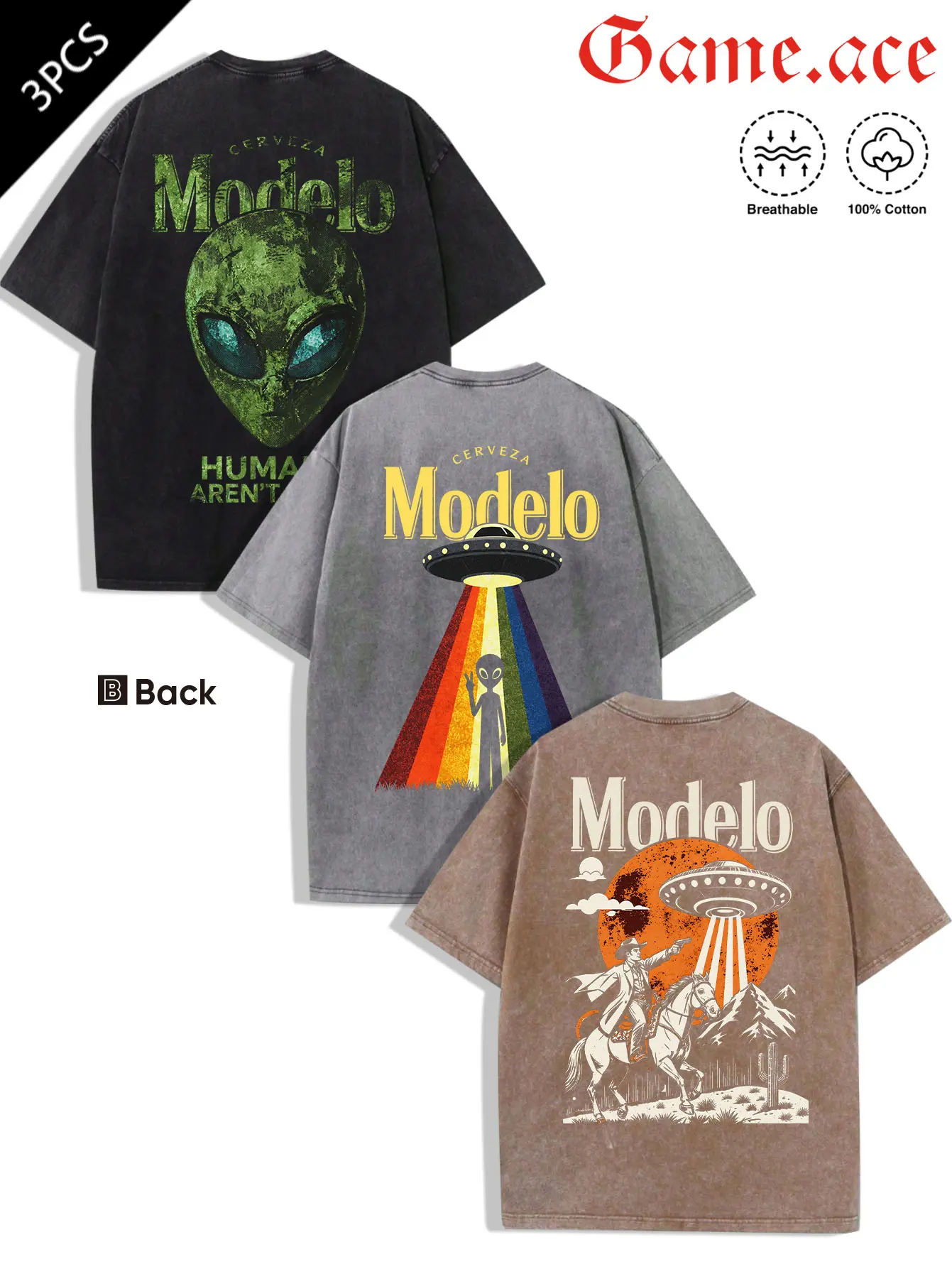 3 Pack Vintage Washed Oversized T-Shirts - Modelo Cerveza Alien UFO Western Cowboy Graphic Tees, Retro Beer Print, 100% Cotton Breathable Casual Streetwear Tops
