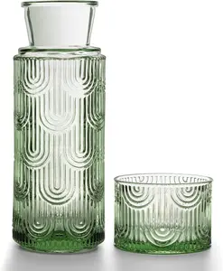 Glass Bedside Water Carafe and Cup Set 21.6oz | Mouthwash Dispenser for Bathroom Nightstand | Lead Free Glass Pitcher with Tumbler Lid