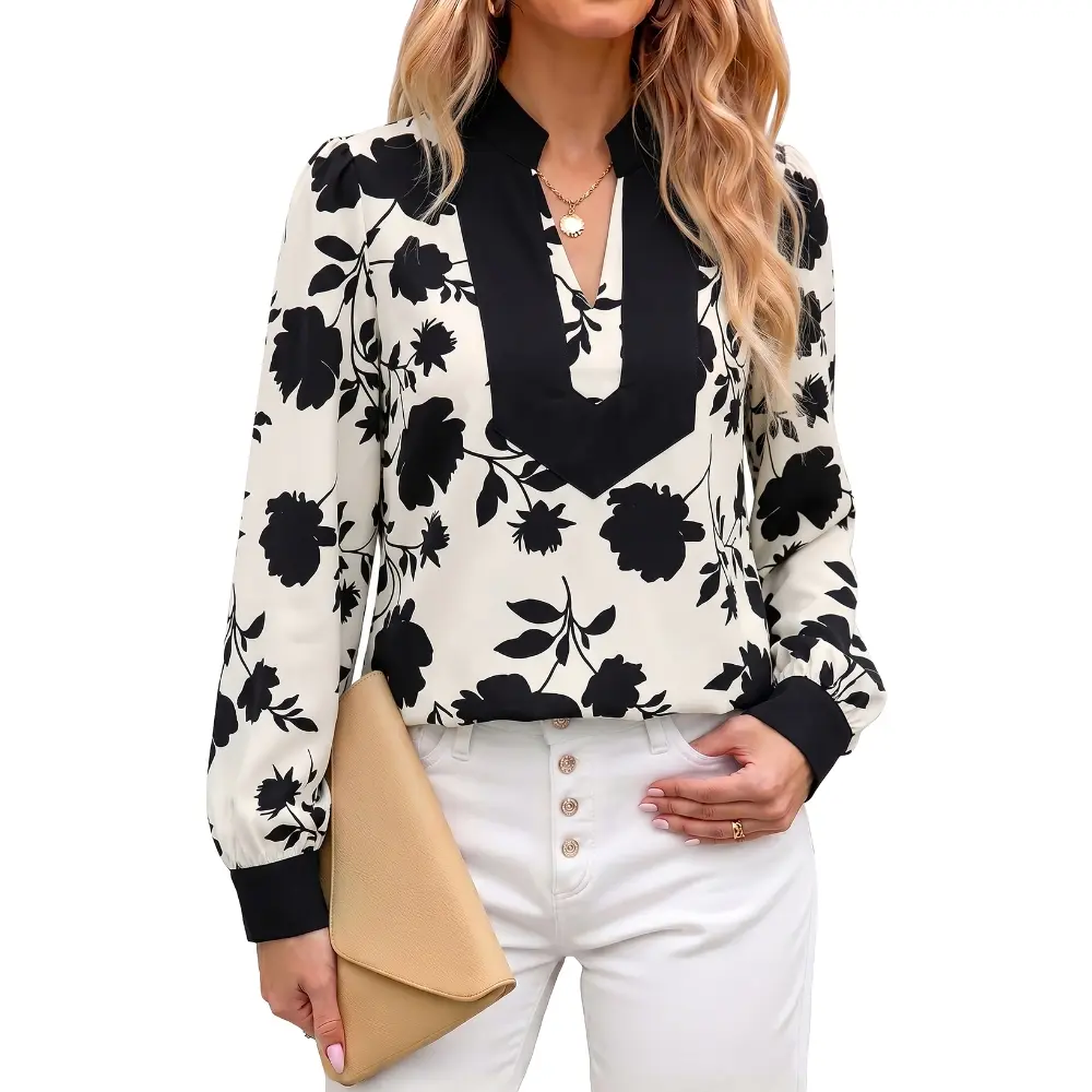 Dokotoo Women's Boho Floral Blouse, V Neck Long Sleeve Patchwork Color Block Pullover Top, Loose Fit Casual Fall Outfit