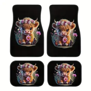 4pcs 2D Highland Cattle Print Car Floor Mats, Crystal Velvet Fabric, Absorbent Non-Slip Washable, All-Season Protection, Perfect Gift