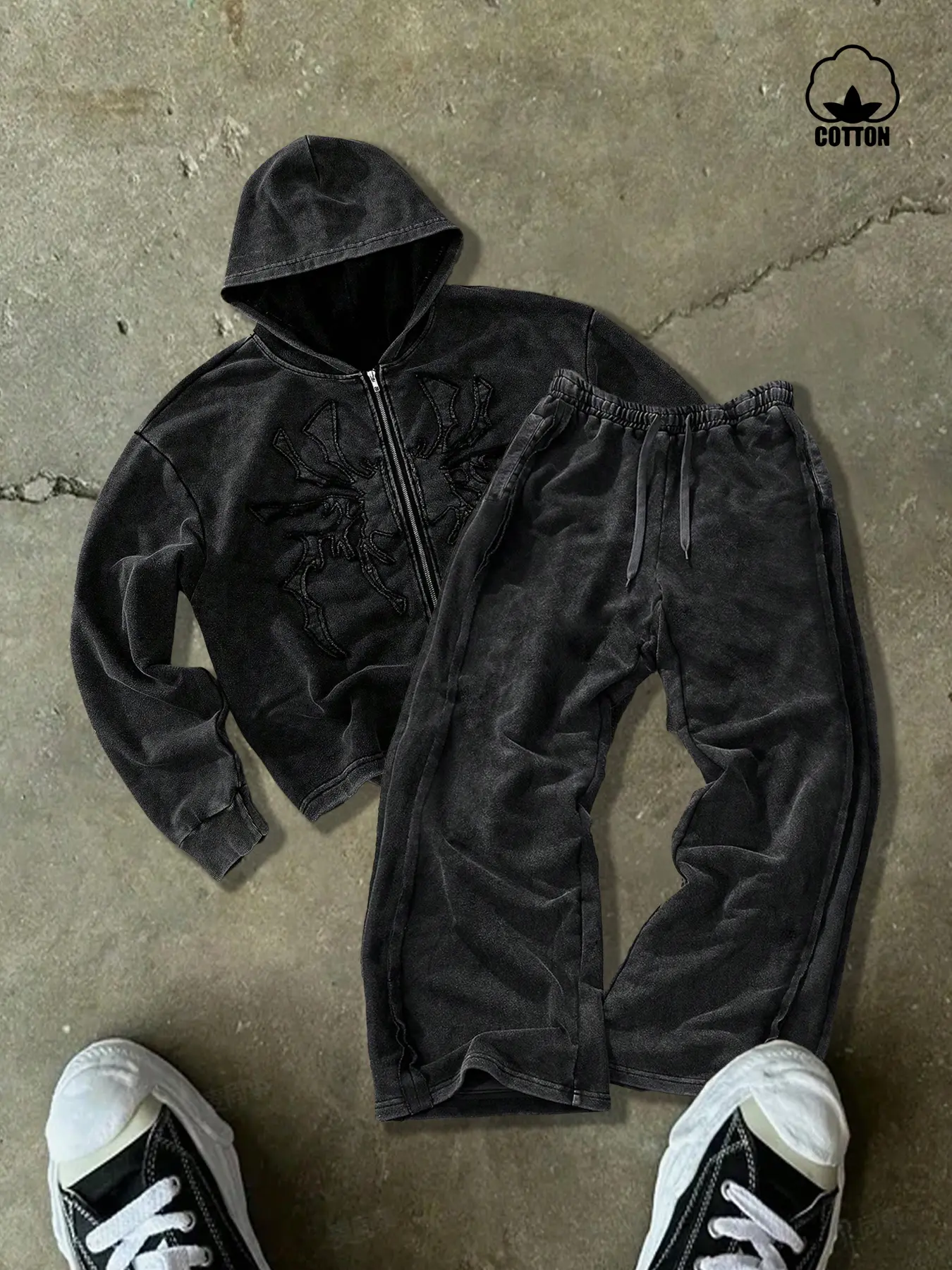 Men's Casual Graphic Embroidered Cotton Sports Set, Streetwear Tracksuit Set, Gothic Street Style, Vintage Comfort Design, Casual Comfy Sporty, Sweatsuit Sets, Casual Sporty Set, Casual Sportswear Outfit, Suitable for Daily & Outdoor Wear