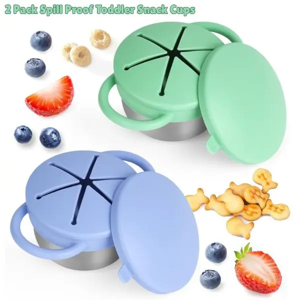 2 Pack Spill Proof Toddler Snack Cups – Silicone Lid Stainless Steel Snack Containers with Handles, Leakproof Mess Free Travel Snack Holder Dishwasher Safe