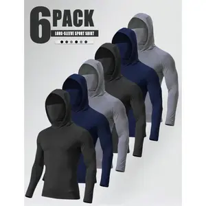 [NEW 6pcs] 2026 Men's Quick-Dry Sports Hoodies with Face Mask - Breathable, Sun-Protective Men's Clothing Sets for Fishing, Running Activewear T-Shirt