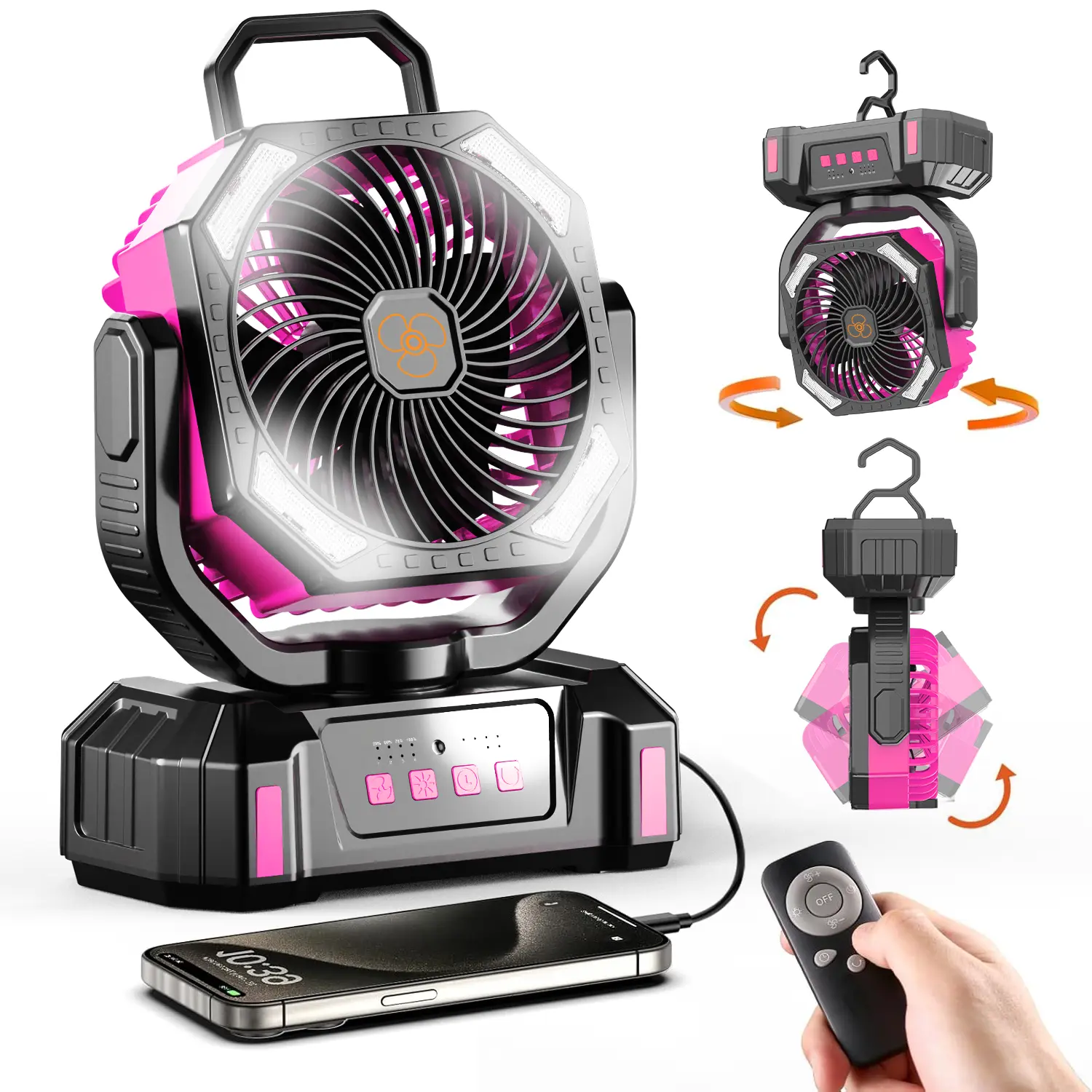 20000mAh Battery Operated Powered Fan with LED Lantern Light Rechargeable Portable Oscillating Fan with 360 ° Rotation Hanging Hook for Tents, Cordless USB Desk Fan(Orange) ventilador para camping
