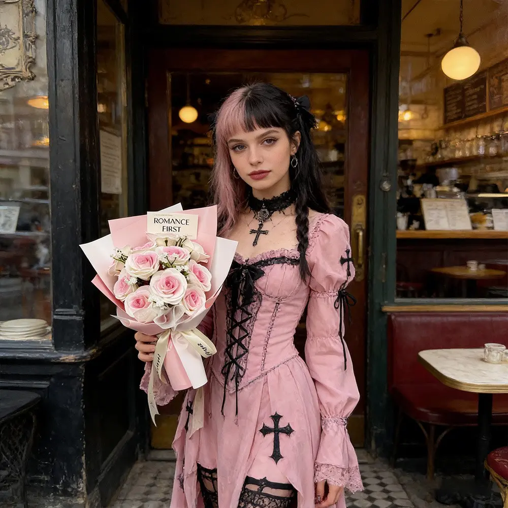Gothic Pink Rose Graduation Bouquet with "Romance First" Card, Artificial Flower Bouquet with Cross Design, Unique Photo Prop for Graduation, Birthday & Anniversary Gift for Her