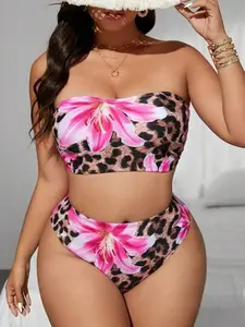 Swim Vcay Plus Size Summer Vacation Outfit Leopard Print and Tropical Floral Swimwear Set for Beach