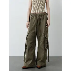 URBAN REVIVO 2026 Spring New Arrival Lady's Casual Cotton Blend Loose Fit Wide Leg Pants - Elastic Waist, Tie Detail, Cargo Pocket Pants, Casual Streetwear Clothes, UYV650077, Women's Bottoms