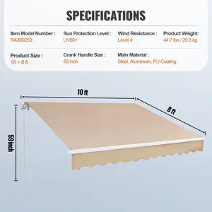 VEVOR Manual Retractable Awning, 8x 7 ft Outdoor Patio Awning Retractable Sun Shade, Water-Resistant Polyester Patio Door Window Awning Sunshade Shelter with Crank Handle for Backyard, Balcony