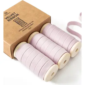 Pink Velvet Ribbon Set 3/8" x 15 Yd Wooden Spool Trim 3 Rolls * 5 Yd for Christmas Wreath Decoration Craft Ornaments Gift Wrapping & Bow