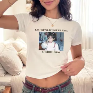 Senior 2026 Bar Crawl Baby Tee, Last Crawl Before Walk Tee, Y2K Graduation Custom Photo