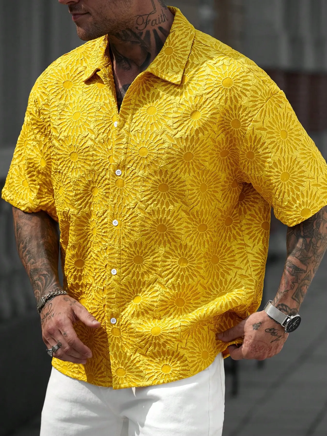 Men's Summer Casual Top Shirts, Collared Shirts, Tropical Sunflower Bubble Texture Jacquard, Short Sleeve Loose Fit, Button Front, Button Up Tops, Perfect for Festive Music Festivals, Casual Party Shirt, Menswear