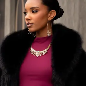 Fiercely 5th Avenue Complete Look - Elegant Black Fur Coat with Gold Necklace and Hoop Earrings for a Chic Ensemble