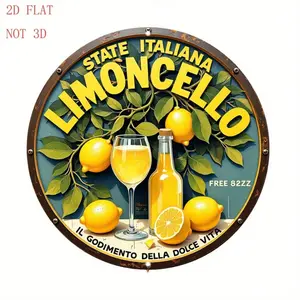 Aluminum Wall Sign Limoncello Bar Decor 8 Inch Round 2D Flat Wall Art with Lemons and Glass Design for Home Kitchen Cafe Farmhouse