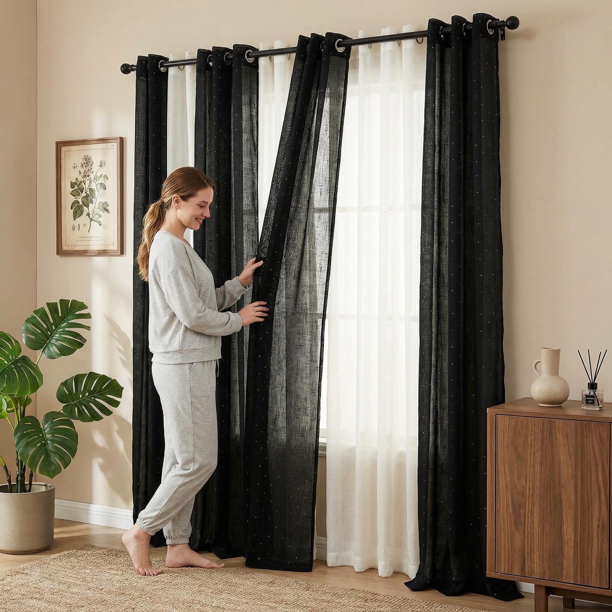 Curtain Club 8 Panels 34X84 Inch Diamond Beaded Twill + Full-Length Chiffon Curtain Set. Each style contains 4 pieces. All are plain chiffon fabric, translucent, with iron rings, woven, rod type, FT2930 + L12