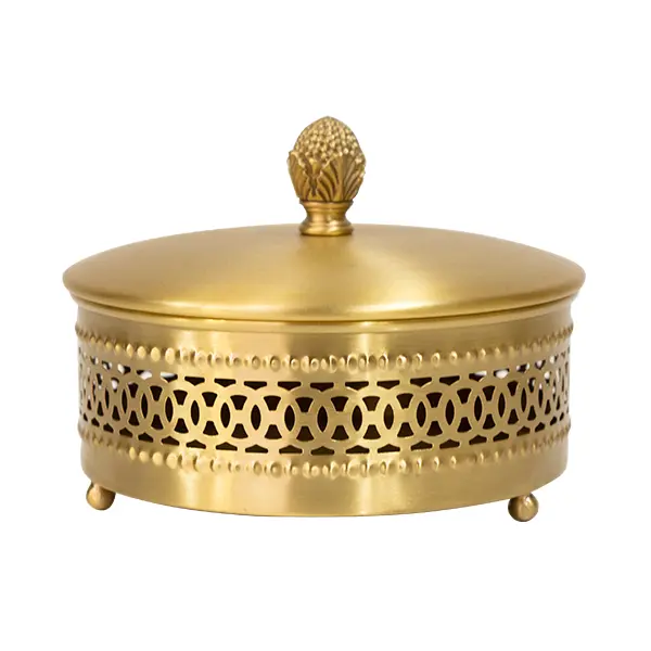 Vintage Brass Organizer Storage Box with Lid - Round Hollow Metal Trinket Box for Jewelry, Table Decor