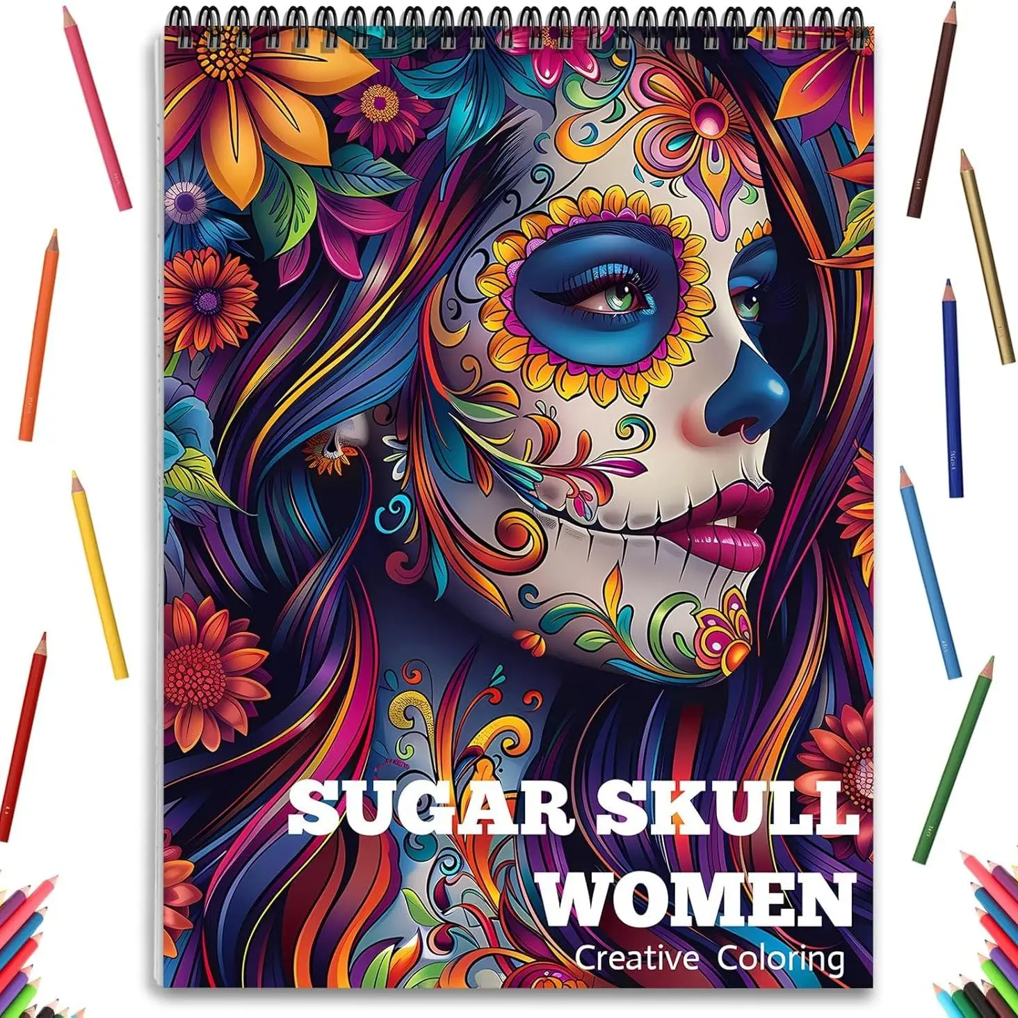 Sugar Skull Women Coloring Book, 24 Pages Spiral Bound Coloring Book, Easy Page Turning, Unique Illustrations, Creative Coloring Book for Adults, Relaxation, Stress Relief, Art & Craft Supplies, Coloring Thoughtful Gift Book, Activity Book