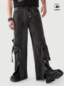 Men's Rivet Workwear Cargo Jeans, Loose Fit Full-Length Denim Jeans, Punk Street Style, All-Season Casual Wear, Mid-Waist with Pockets