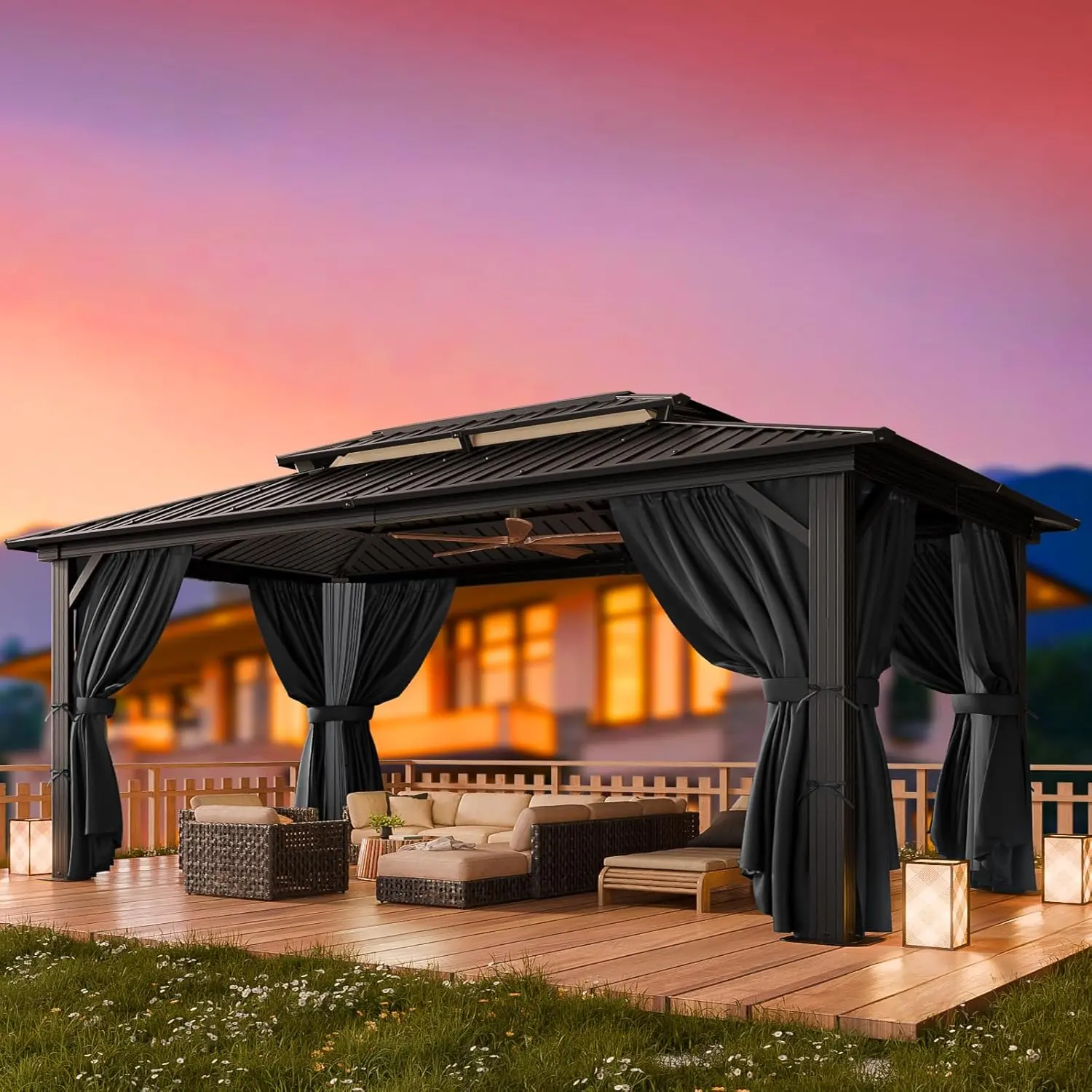 10x12 ft Rectangular Heavy-Duty Hardtop Gazebo, Galvanized Steel Double-Layer Roof, Aluminum Frame Sun Shade Canopy, Hot Tub Gazebo with Fire-Resistant Curtains & Mesh, Quick Setup for Patios, Parties