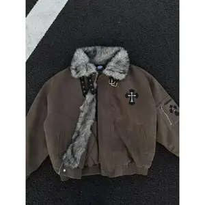 Unisex American Vintage Faux Fur Trim Cotton Jacket Fleece Lining Metal Button Cross Embroidery Side Pocket Commuting Street Style