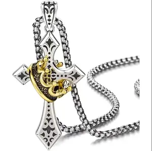 Updated Two-Tone Crown Thorn Cross Necklace, Unique Original Engraved Pendant, Trendy Hip Hop Jewelr for Boyfriend gift romant