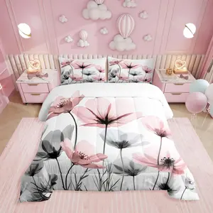 Feelyou Breathable Microfiber Floral Print Bedding Set - Blush Pink Wildflowers Design, Rustic Boho Style, Multi-Size Pink & Grey Comforter Set for Kids' Country Room Decor