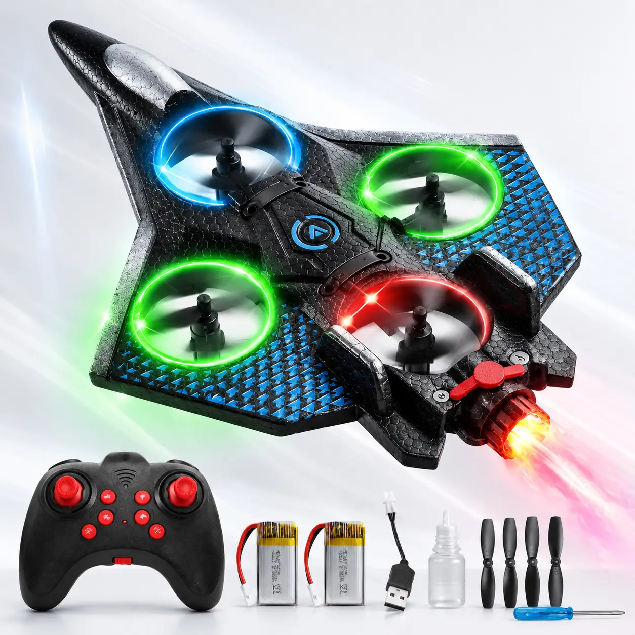 RC Flying Wing Drone for Kids, Remote Control Plane Toy with LED Lights, Rechargeable Glider Aircraft for Beginners